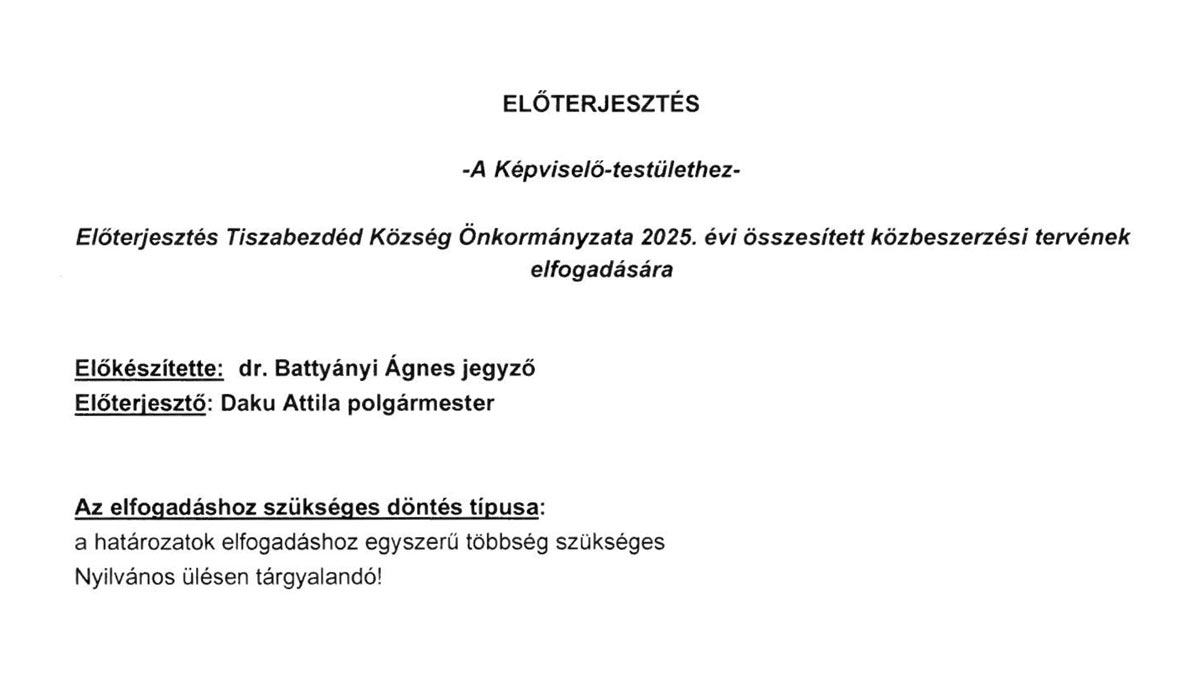 You are currently viewing 2025.01.30-i Képviselő-testületi ülés – Közbeszerzési terv