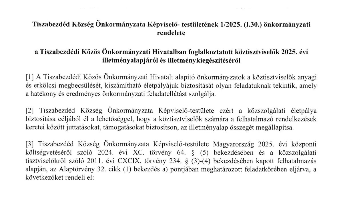 You are currently viewing Tiszabezdéd Képviselő- testületének 1/2025. (1.30.) önkormányzati rendelete