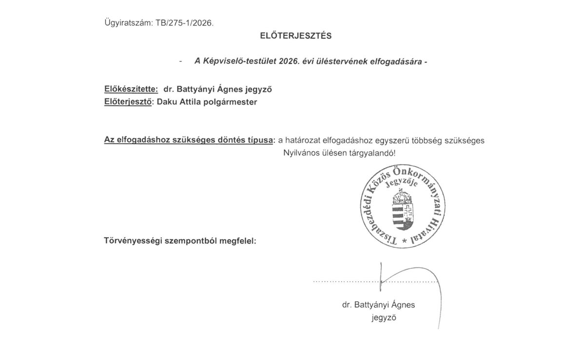 Read more about the article Képviselő-testületi ülés 2026.01.29. – 1. ELŐTERJESZTÉS