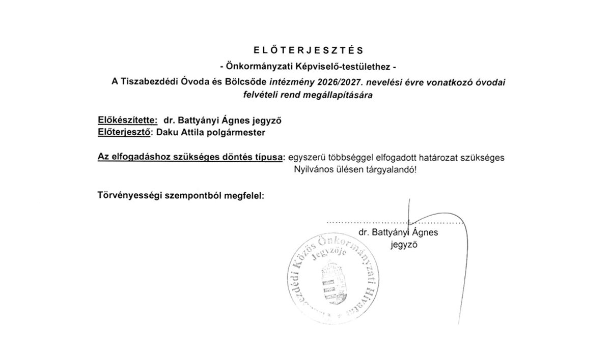 Read more about the article Képviselő-testületi nyilvános ülés 2026.03.10. – 1. ELŐTERJESZTÉS – Óvodai felvétel