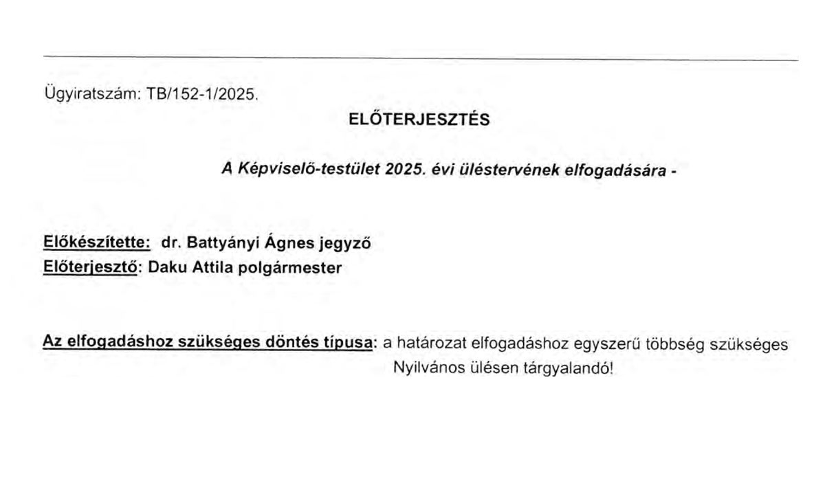 Read more about the article 2025.01.30-i Képviselő-testületi ülés – Előterjesztés ülésterv