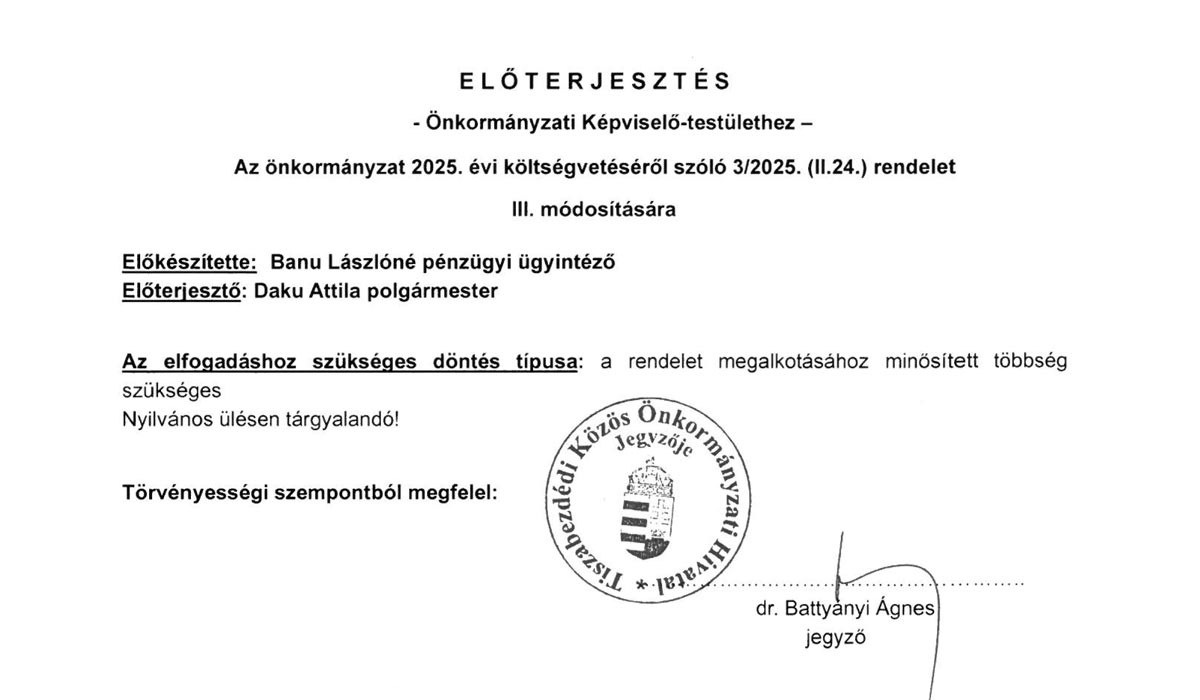 Read more about the article Képviselő-testületi zárt ülés 2026.05.26. – Költségvetés módosítás
