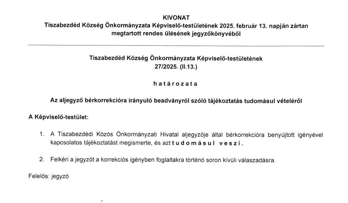 Read more about the article 2025.02.13- i Képviselő-testületi ülés Zárt – Bérkorrekció