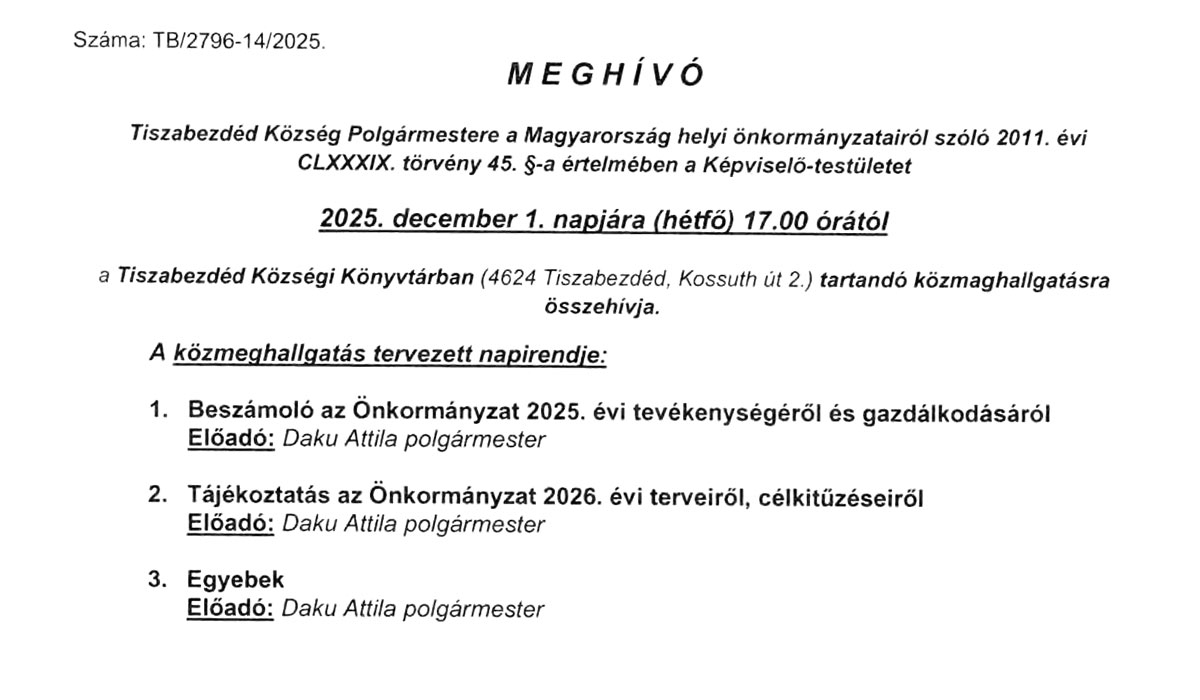 Read more about the article 2025.12.01- Közmeghallgatás – Meghívó