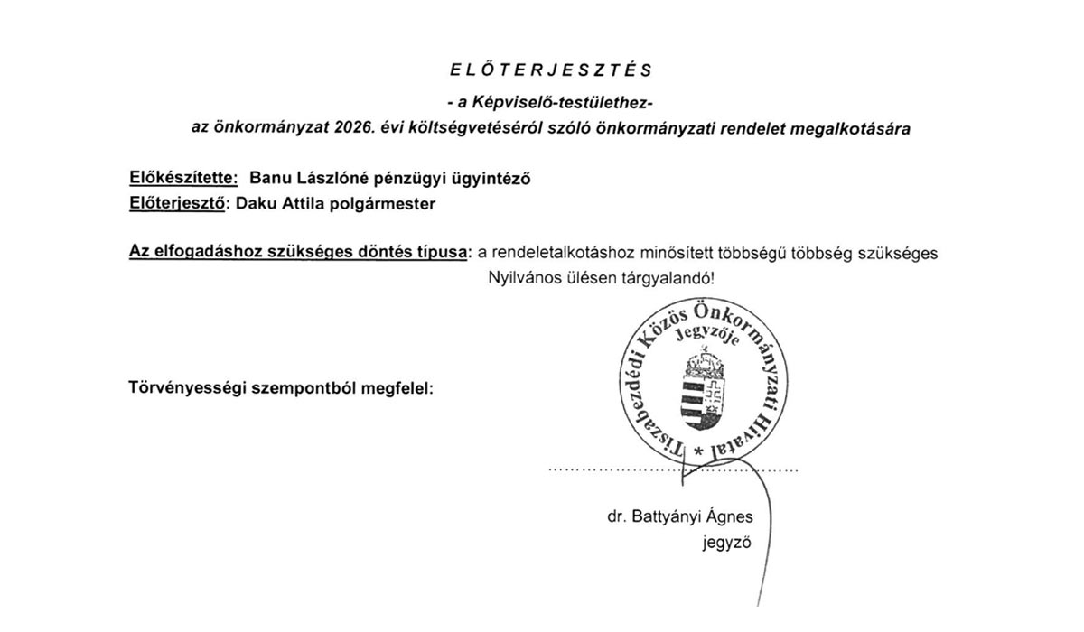 Read more about the article Képviselő-testületi ülés 2026.02.11. – 2. ELŐTERJESZTÉS – Költségvetés