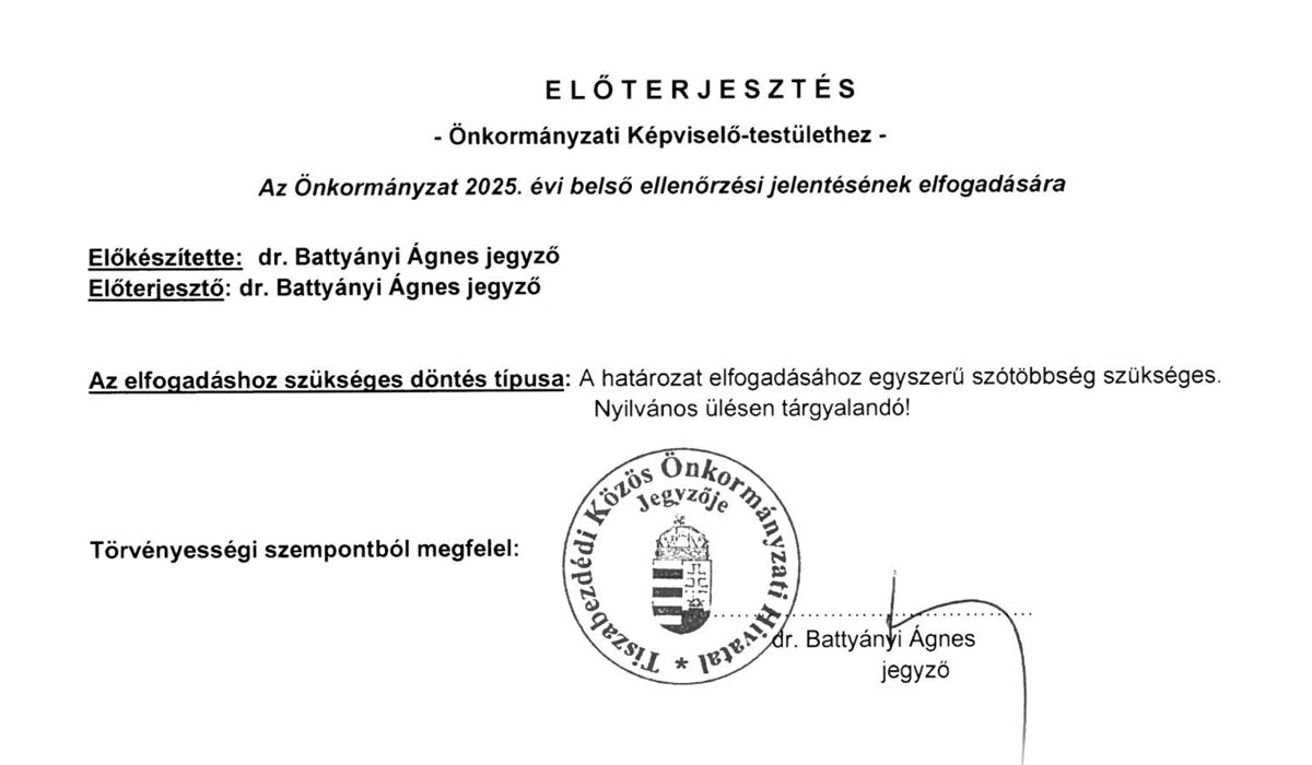 Read more about the article Képviselő-testületi zárt ülés 2026.05.26. – Belső ellenőrzés jelentés