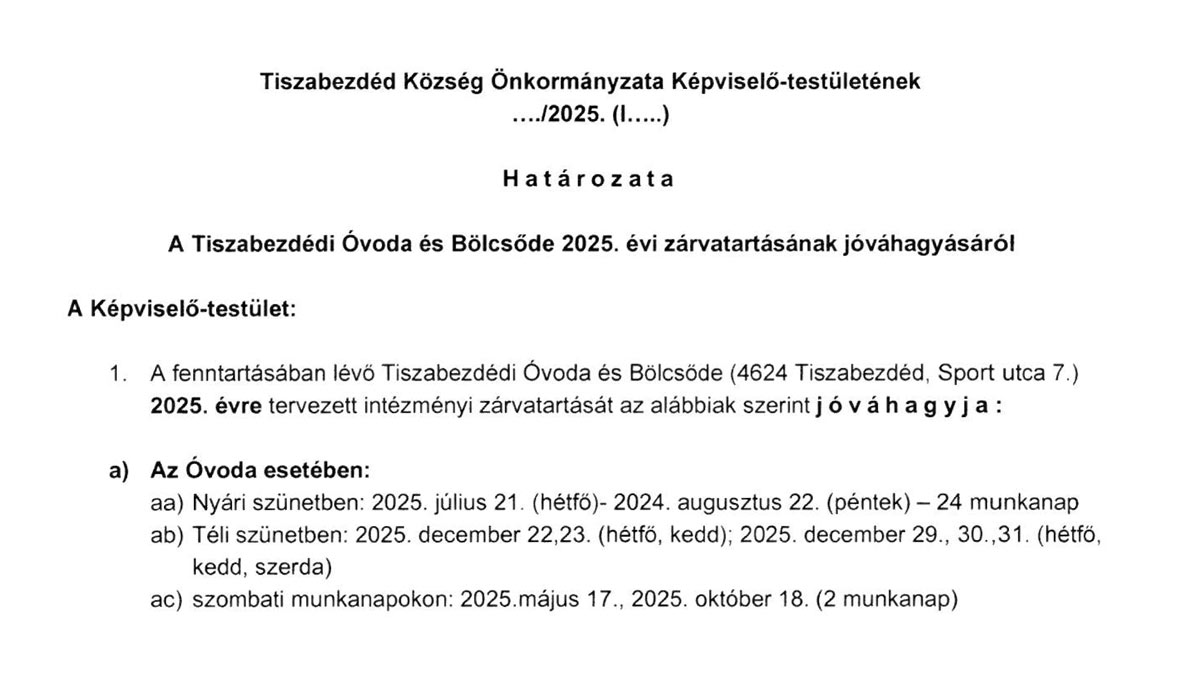 Read more about the article 2025.01.30-i Képviselő-testületi ülés – Tiszabezdédi Óvoda és Bölcsőde