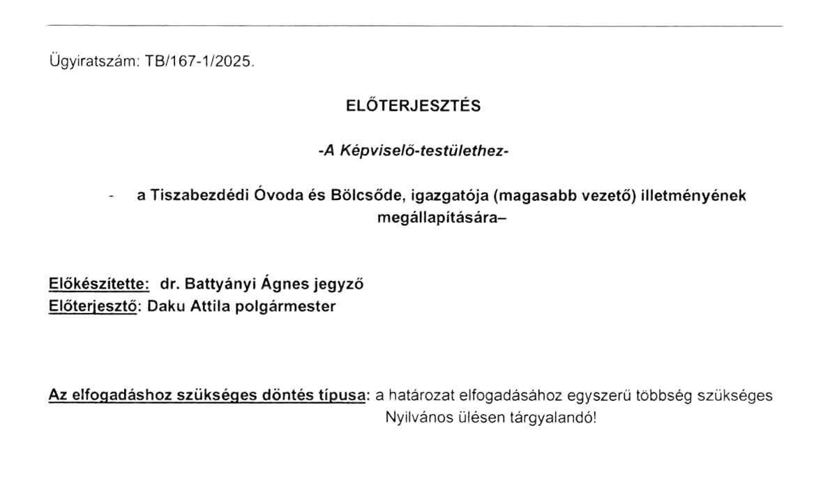 You are currently viewing 2025.01.30-i Képviselő-testületi ülés – Előterjesztés óvoda igazgató illetmény