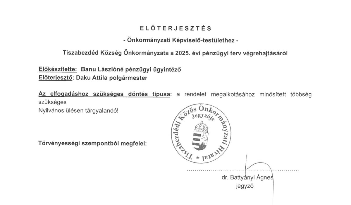 Read more about the article Képviselő-testületi zárt ülés 2026.05.26. – Zárszámadás