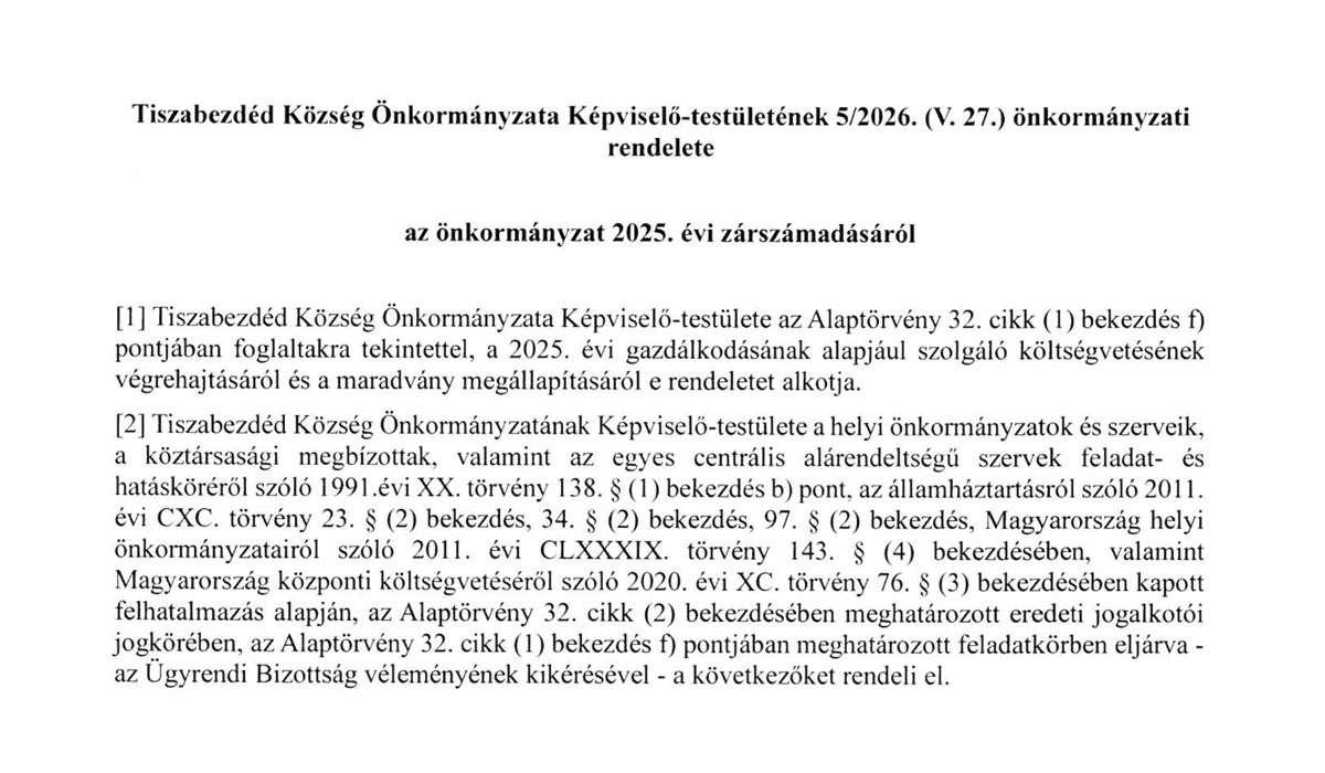 Read more about the article Képviselő-testületi zárt ülés 2026.05.26. – 2026_(V.27.) Önk. rend.