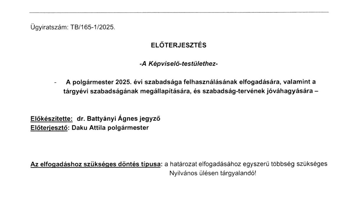 Read more about the article 2025.01.30-i Képviselő-testületi ülés – Polgármester szabadság