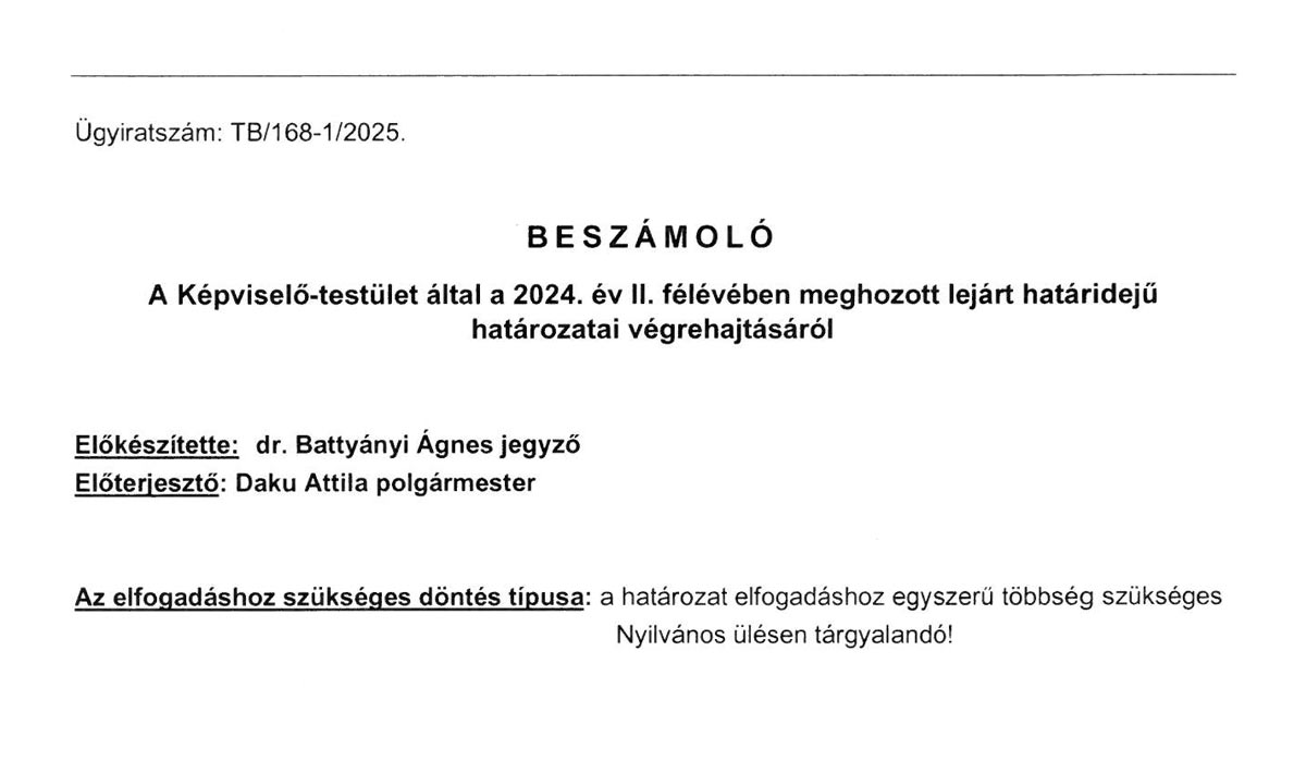 You are currently viewing 2025.01.30-i Képviselő-testületi ülés – határozatok végrehajtásáról