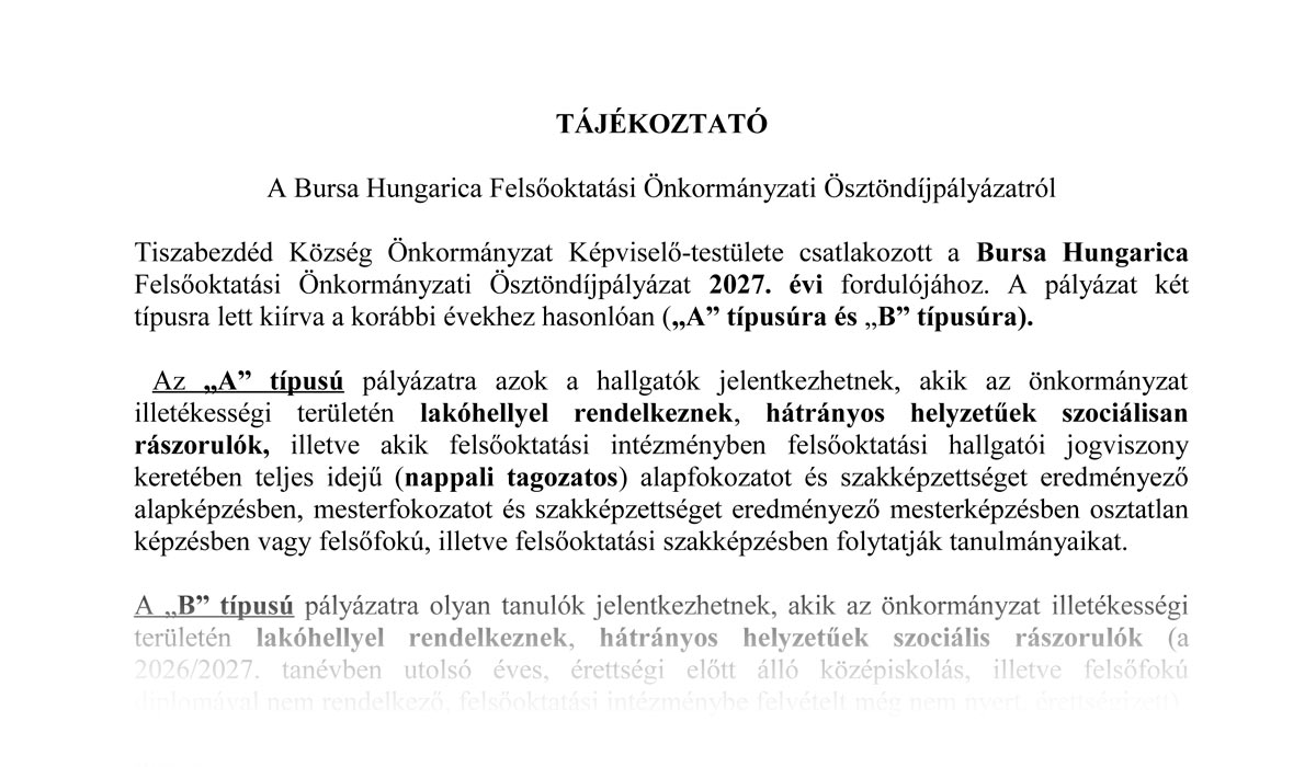Bursa Hungarica Felsőoktatási Ösztöndíjpályázat – Tájékoztató