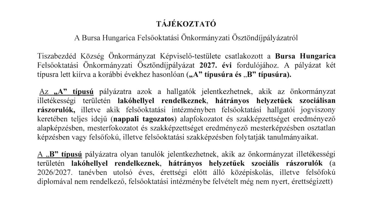 Bursa Hungarica Felsőoktatási Ösztöndíjpályázat 2026 – Összefoglaló