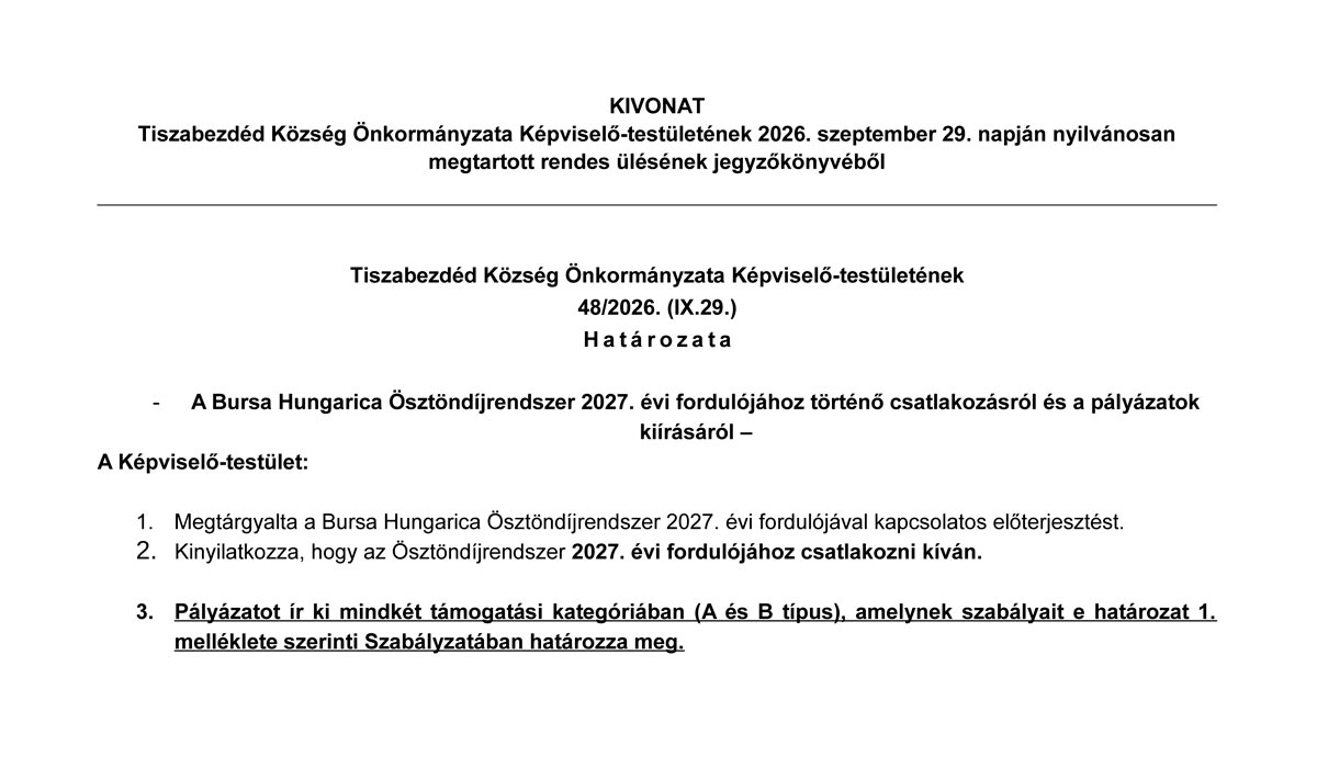 Bursa Hungarica Felsőoktatási Ösztöndíjpályázat 2026 – KIVONAT
