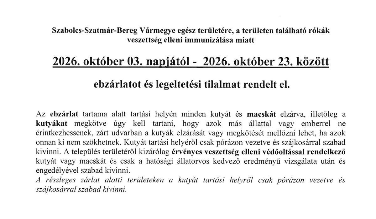 Read more about the article Ebzárlat és legeltetési tilalom 2026. 10. 03 – 10. 23-ig