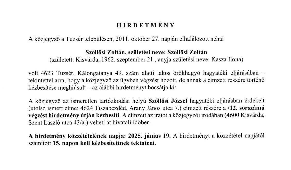 You are currently viewing Hirdetmény néhai Szőllősi Zoltán hagyatéki ügyében TB 1400 2025