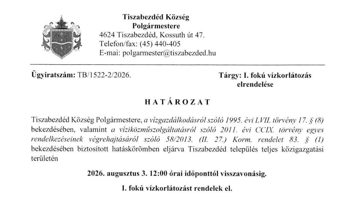 I. fokú vízkorlátozás bevezetése Polgármesteri határozat