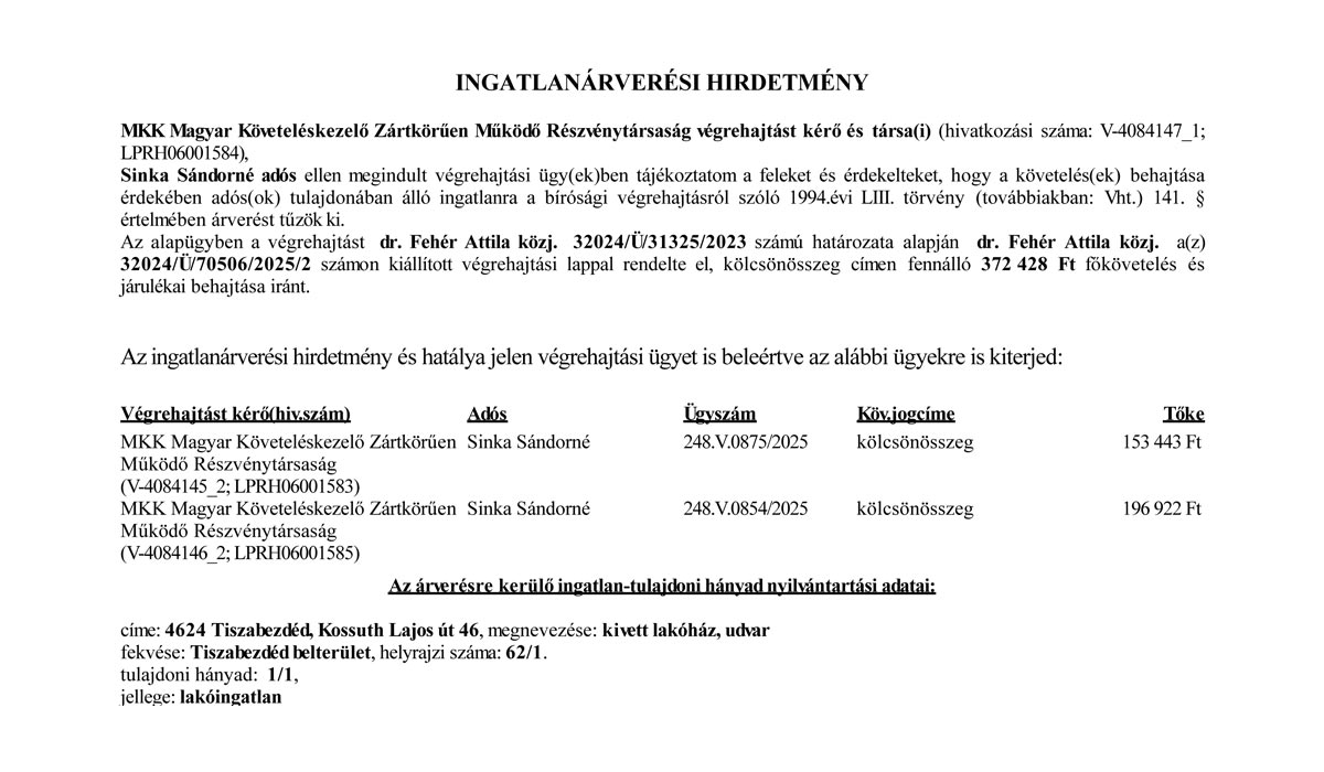 INGATLANÁRVERÉSI HIRDETMÉNY – Siska Sándorné