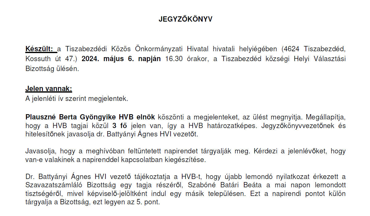 Read more about the article Helyi Választási Bizottság Ülés jegyzőkönyve 2024. 05. 06.