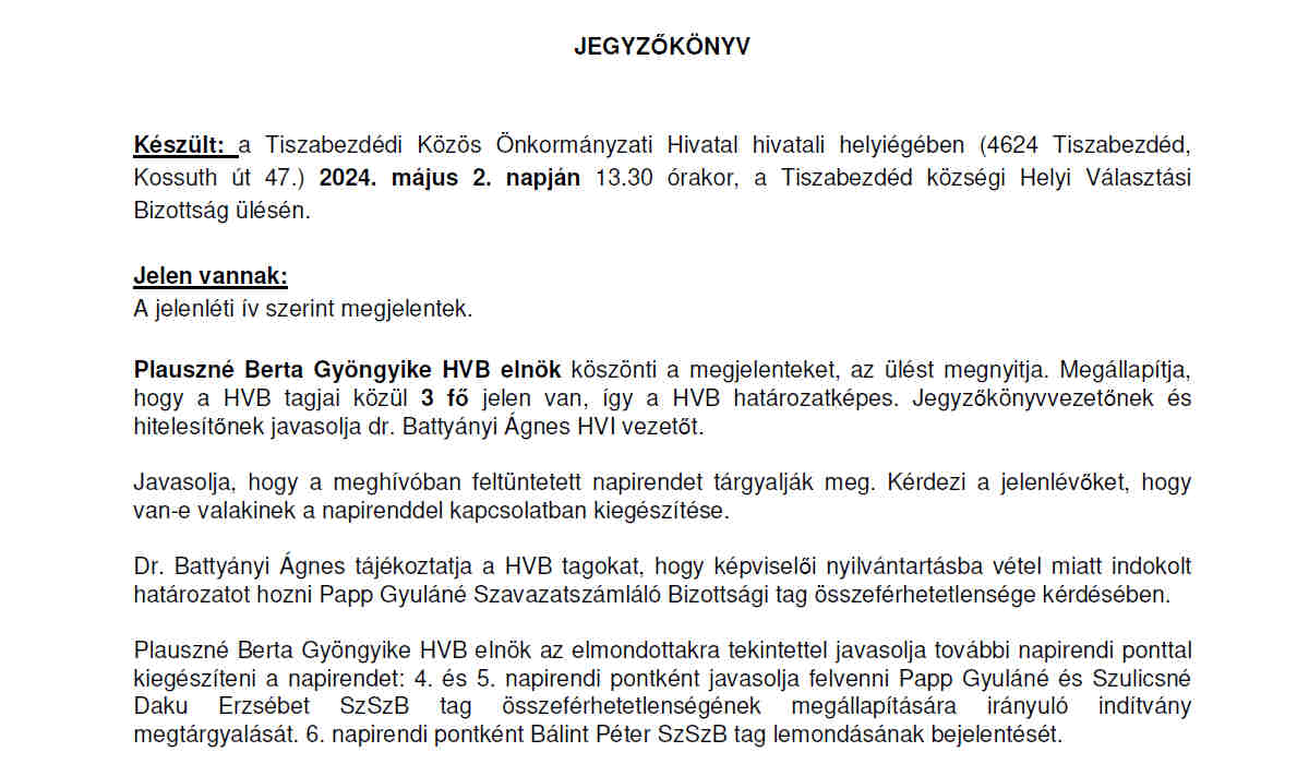 Read more about the article Helyi Választási Bizottság Ülés jegyzőkönyve 2024. 05. 02.