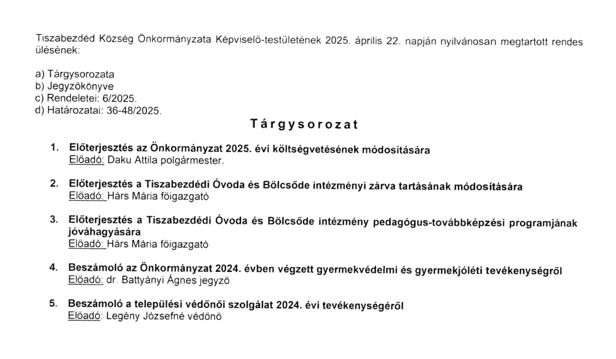 Read more about the article 2025.04.22-i Képviselő-testületi ülés – Jegyzőkönyv