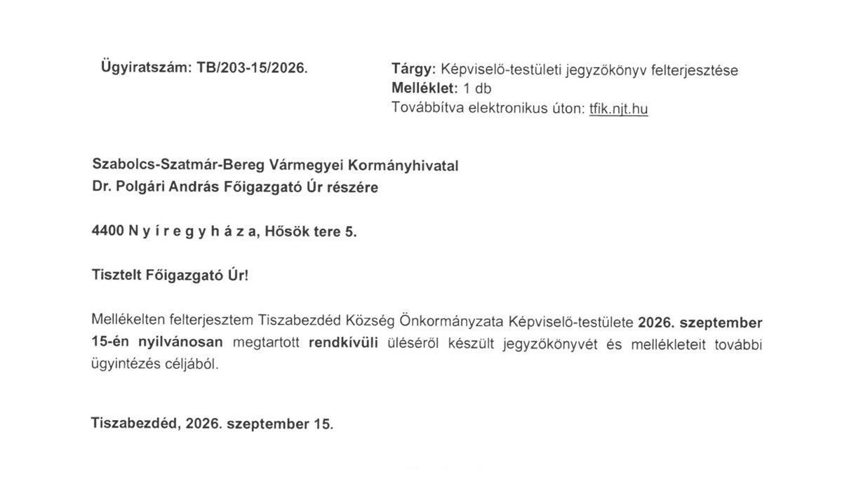 Read more about the article 2026.09.15.- Képviselő-testületi ülés Jegyzőkönyv