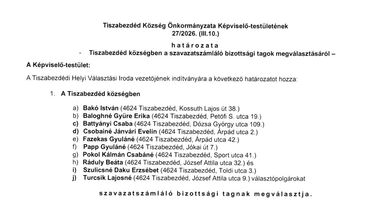 Read more about the article Képviselő-testületi zárt ülés 2026.03.10. – Határozat