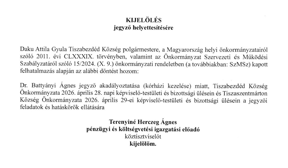 Read more about the article Képviselő-testületi ülés 2026.04.28. – Helyettesítés