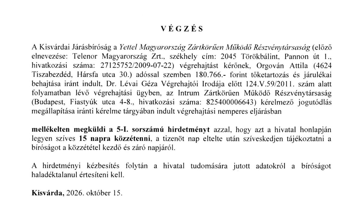 Kisvárdai Járásbíróság végzés – 2026. 10.