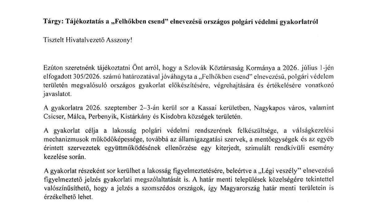 Tájékoztatás a „Felhőkben csend” elnevezésű országos polgári védelmi gyakorlatról