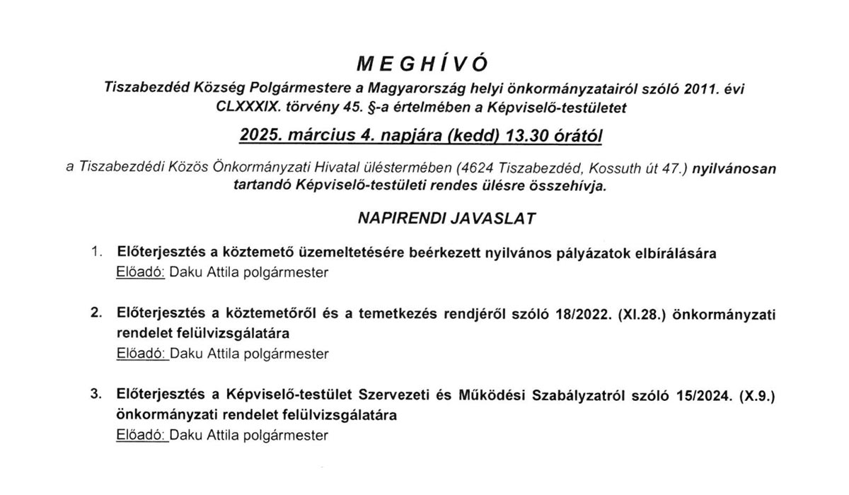 Read more about the article 2025.03.04-i Képviselő-testületi ülés – Meghívó