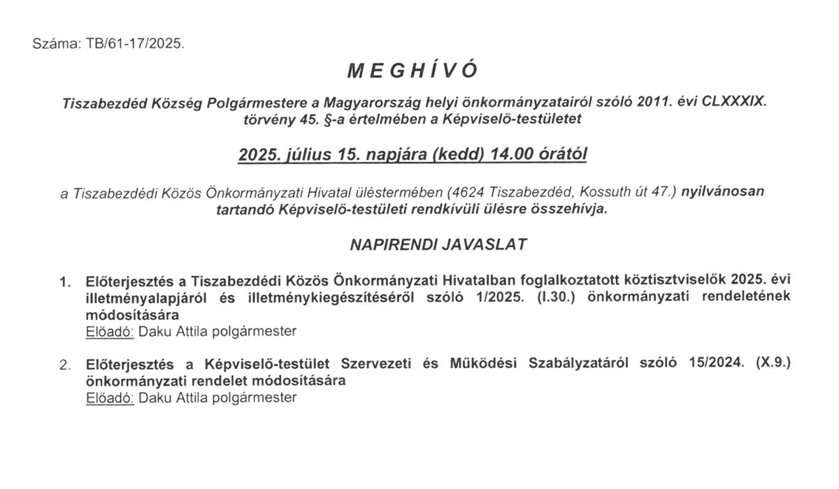 Read more about the article 2025.07.15-i Rendkívüli Képviselő-testületi ülés – Meghívó