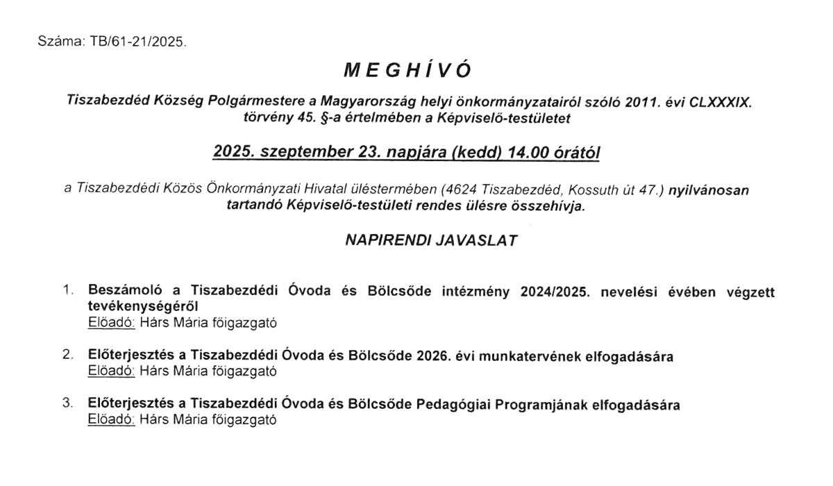 Read more about the article 2025.09.23-i Képviselő-testületi ülés – Meghívó