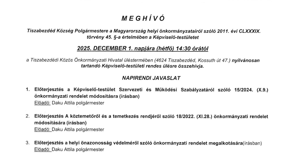 Read more about the article 2025.12.01- i Képviselő-testületi ülés – Meghívó