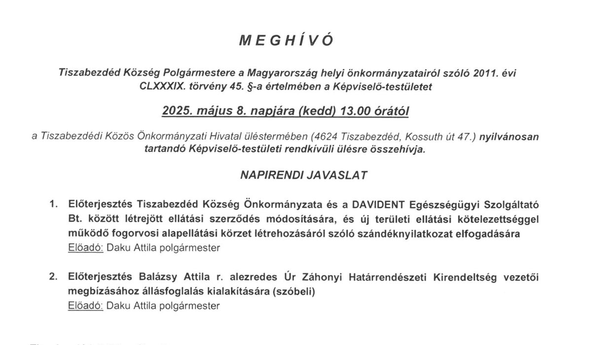 Read more about the article 2025.05.08-i Rendkívüli képviselő-testületi ülés – Meghívó