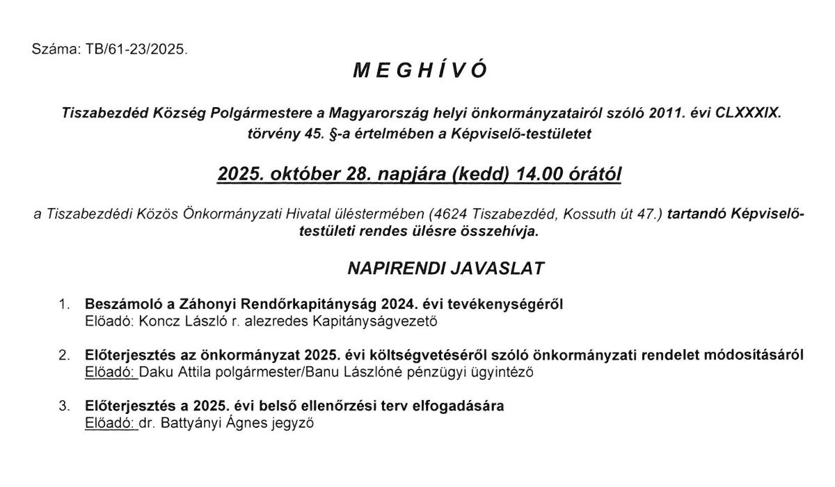 Read more about the article 2025.10.28-i Képviselő-testületi ülés – MEGHÍVÓ