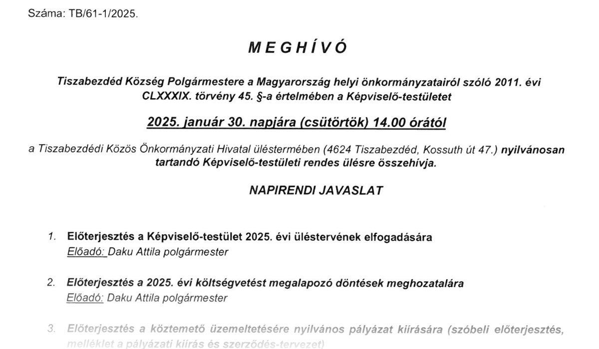 Read more about the article Meghívó 2025.01.30-i Képviselő-testületi ülésre