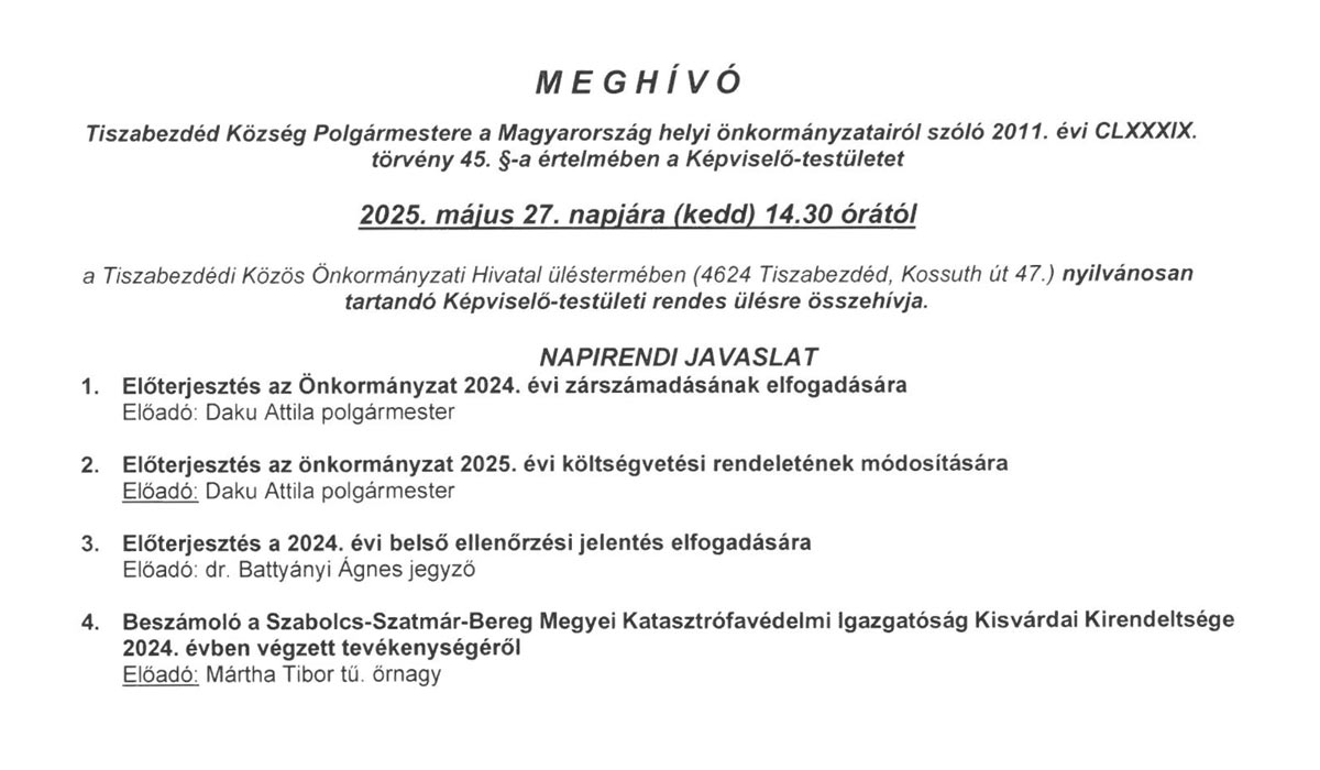 Read more about the article 2025.05.27-i Képviselő-testületi ülés – Meghívó