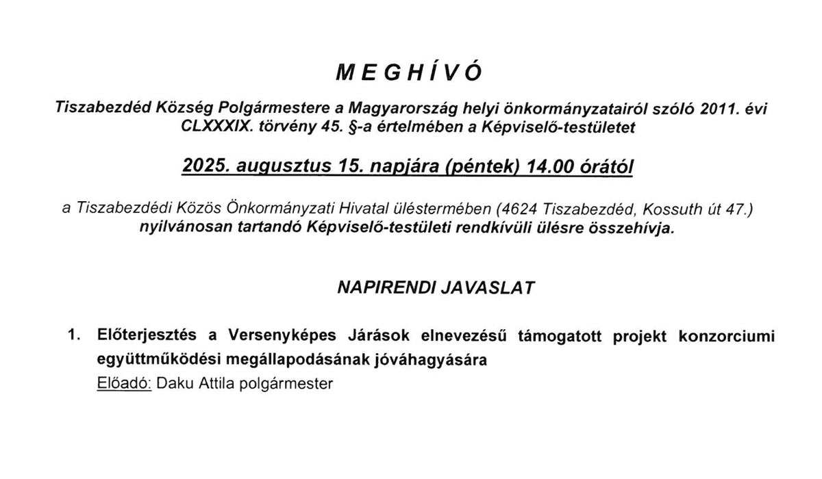 Read more about the article 2025.08.15-i Rendkívüli képviselő-testületi ülés – Meghívó