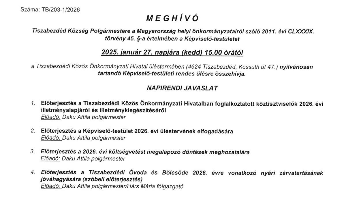 Read more about the article MEGHÍVÓ – Képviselő-testületi rendes ülésre 2025. január 27.
