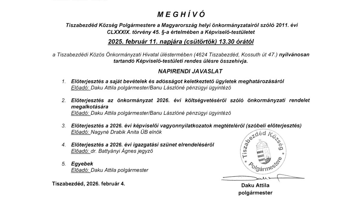 Read more about the article Képviselő-testületi ülés 2026.02.11. – MEGHÍVÓ