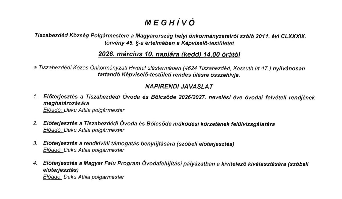 Read more about the article Képviselő-testületi nyilvános ülés 2026.03.10. – MEGHÍVÓ