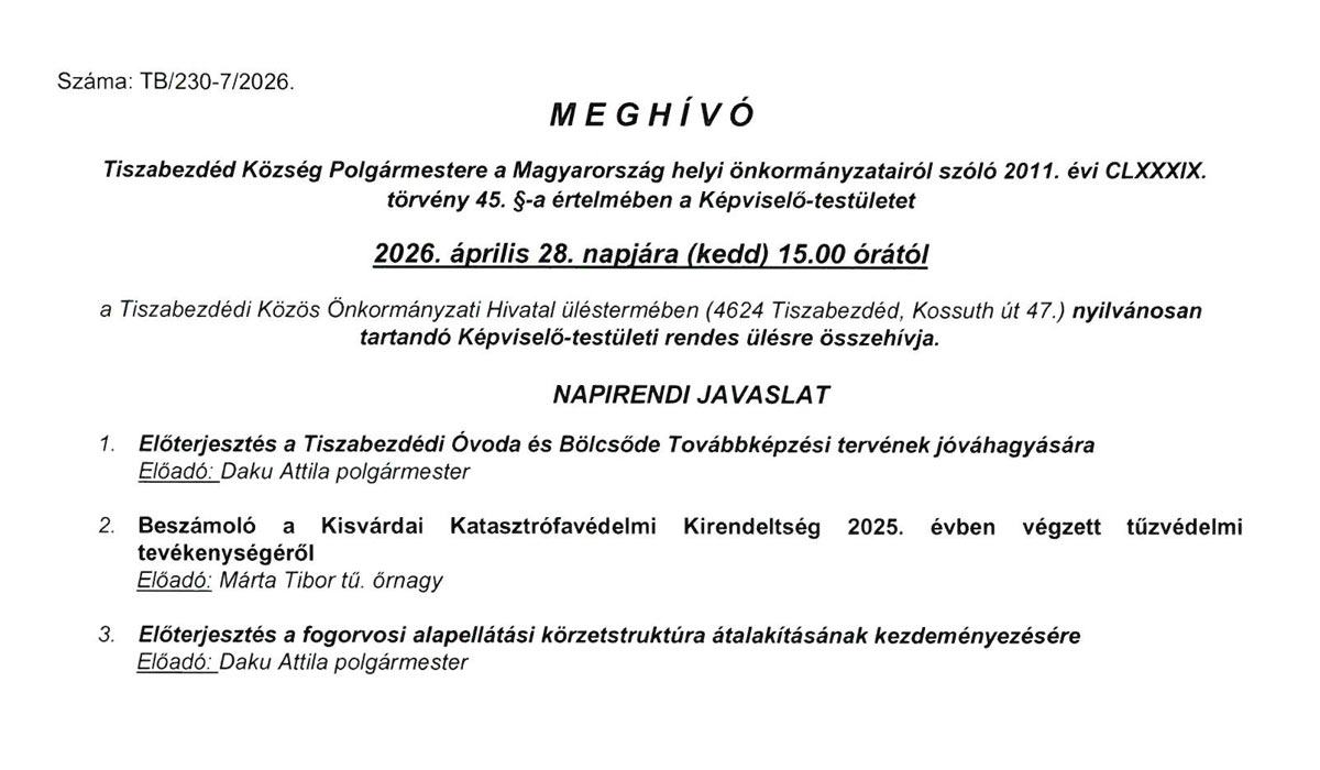 Read more about the article Képviselő-testületi ülés 2026.04.28. – Meghívó, Jelenléti ív
