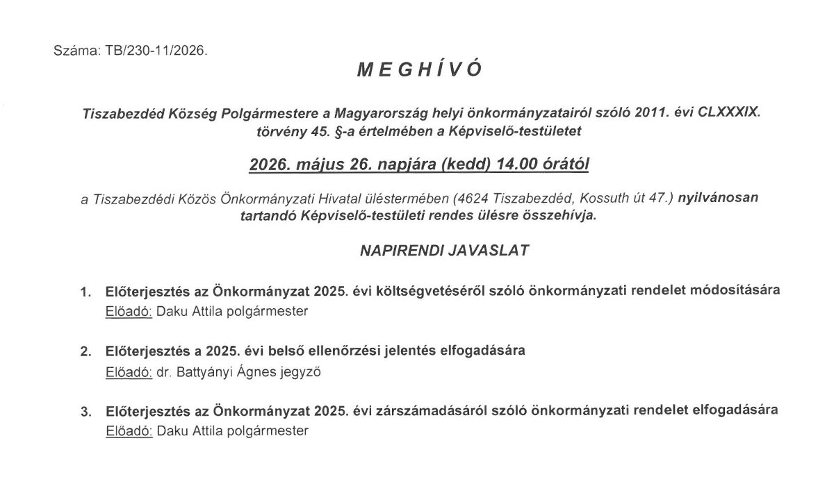 Read more about the article Képviselő-testületi zárt ülés 2026.05.26. – Meghívó