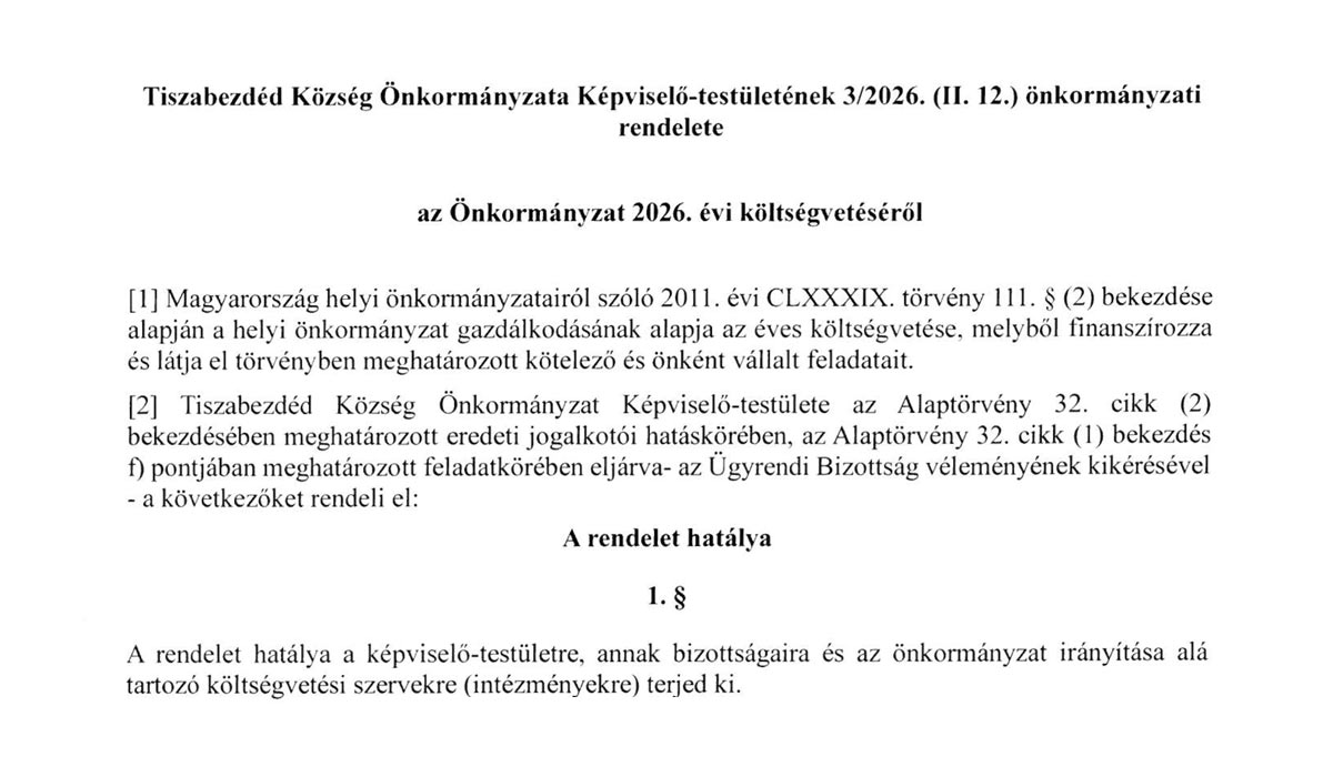 Read more about the article Tiszabezdéd Község Önkormányzata Képviselő-testületének 3/2026. (II. 12.) önkormányzati  rendelete