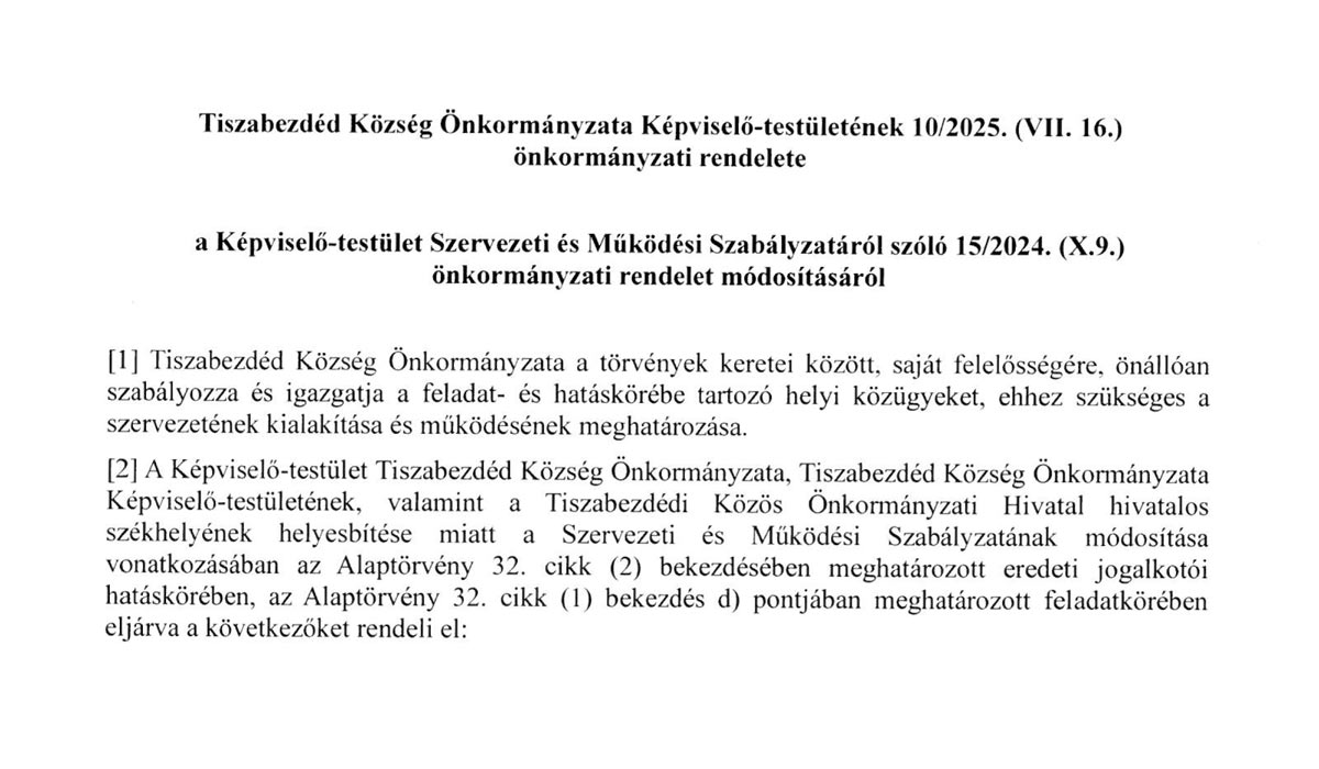 Read more about the article 2025.07.15-i Rendkívüli Képviselő-testületi ülés – Önkormányzati Rendelet 10 2025
