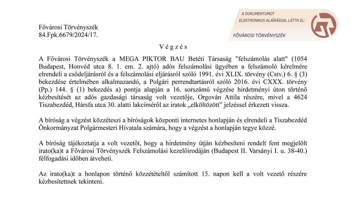 Read more about the article Végzés – Mega Piktor bau felszámolási ügy