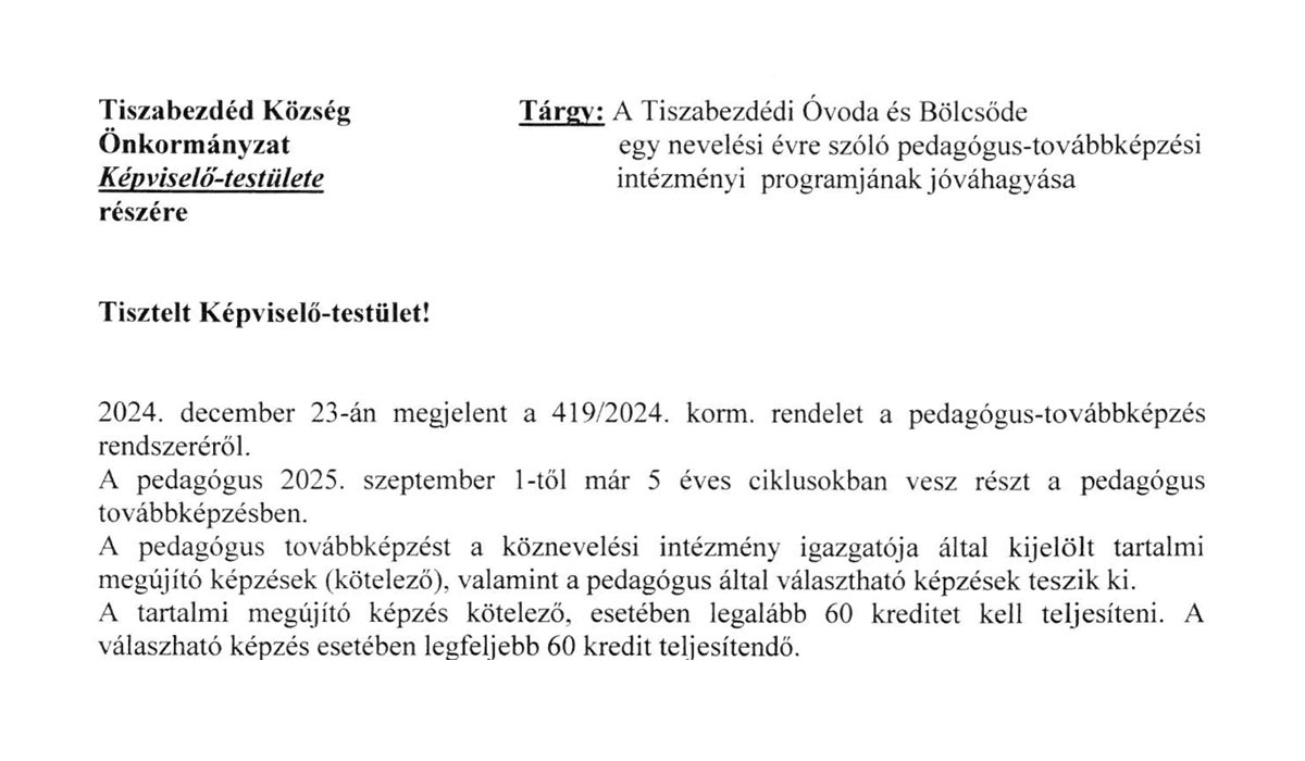 Read more about the article 2025.04.22-i Képviselő-testületi ülés – Óvoda továbbképzés