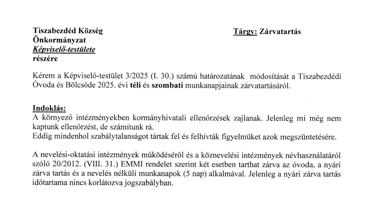 Read more about the article 2025.04.22-i Képviselő-testületi ülés – Óvoda előterjesztés 2